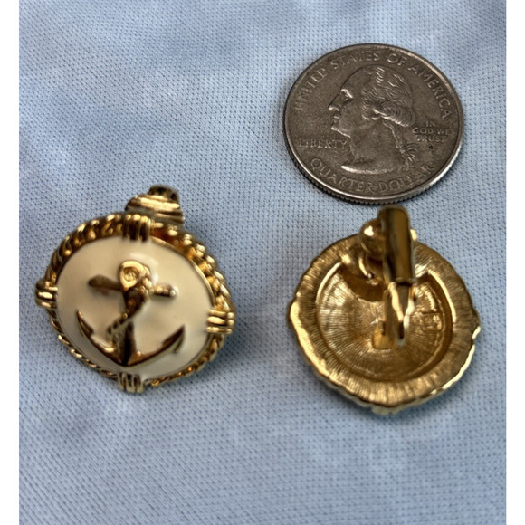 Vintage Anchor Clip On Earrings, Gold-tone Nautical Jewelry Ivory Avon - Picture 3 of 3